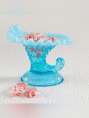 Fenton Blue Opalescent Hobnail Cornucopia Vase & Candle Holder